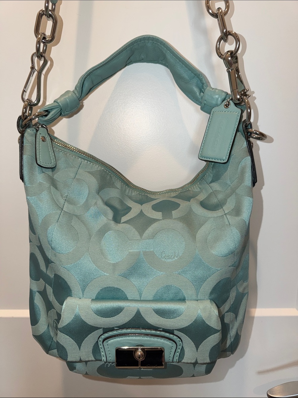 Coach Teal Signature Satin Shoulder Bag with Leather Handle 14753